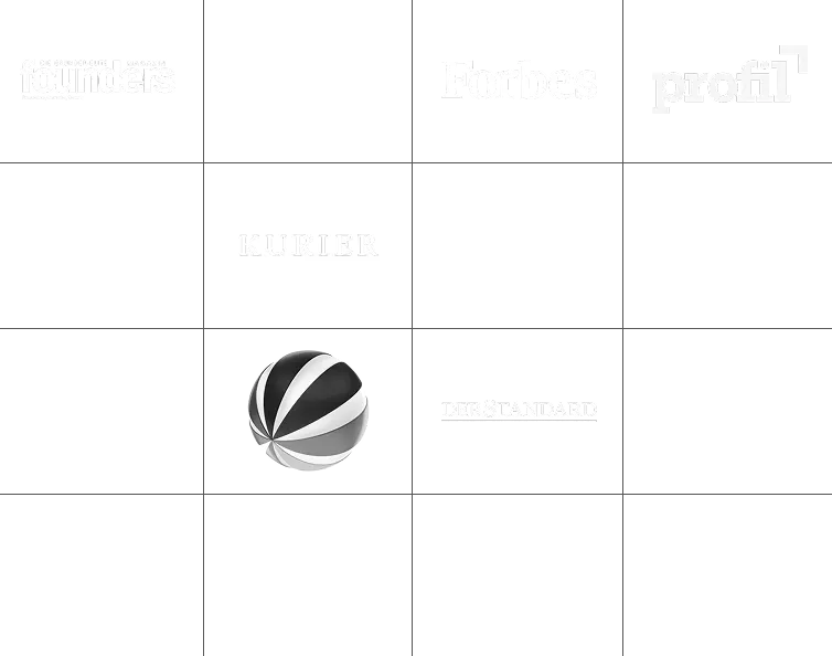 „Raster mit 16 Logos bekannter Medien und Magazine, darunter Founders, Forbes, Profil, Kurier, Der Standard und andere.
